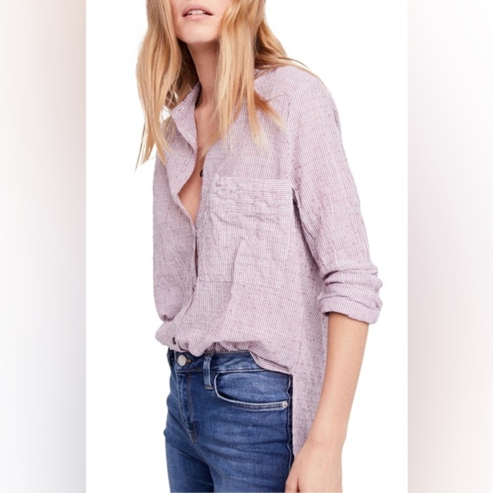 Free People Women's Small No Limits Striped Split Black Button Down Shirt Cotton